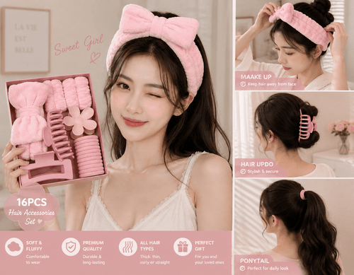 16-Piece Pink Self-Care & Hair Accessories Set - Lushora beauty